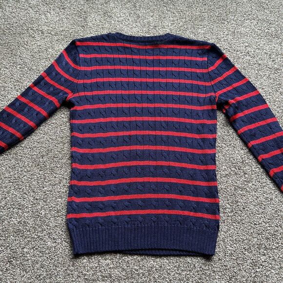 RALPH LAUREN BLACK LABEL STRIPED SILK CABLE KNIT SLIM FIT SWEATER RED NAVY SMALL - Picture 5 of 7